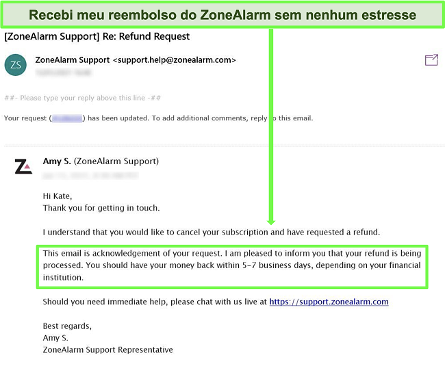 Captura de tela de uma resposta por e-mail da ZoneAlarm aceitando a solicitação de reembolso.