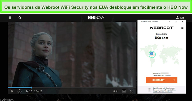 Captura de tela da HBO agora jogando Game of Thrones enquanto estiver conectado a um servidor nos EUA