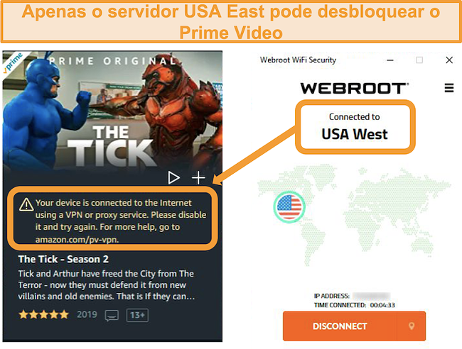 Captura de tela do erro de proxy do Amazon Prime Video enquanto conectado ao servidor USA West da Webroot WiFi Security