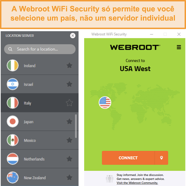 Captura de tela do menu de rede do servidor Webroot WiFi Security