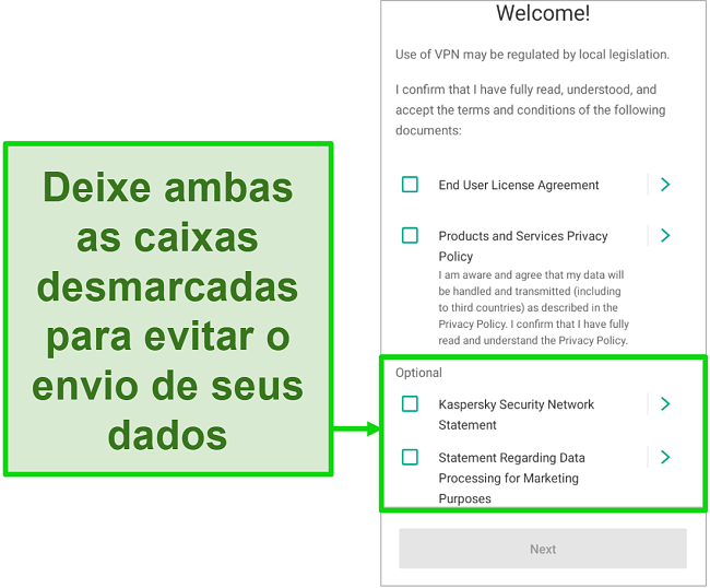 Captura de tela do aplicativo móvel Kaspersky Antivirus mostrando a tela de desativação da coleta de dados no menu de boas-vindas.