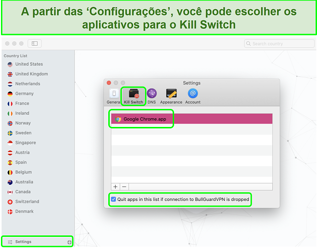 Captura de tela do menu de configurações de VPNs do BullGuard ativando o Kill Switch para Google Chrome