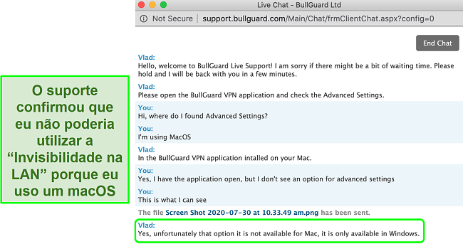 Captura de tela do atendimento ao cliente da VPN do BullGuard confirmando a invisibilidade na LAN disponível apenas no Windows