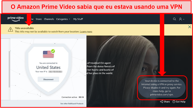 Captura de tela da indisponibilidade do Amazon Prime Video com o BullGuard conectado