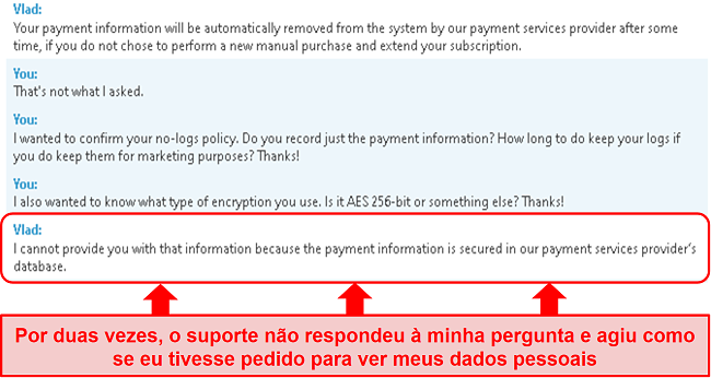 Captura de tela do suporte da BullGuard não respondendo à minha pergunta sobre informações de pagamento e, em seguida, dando-me a resposta errada