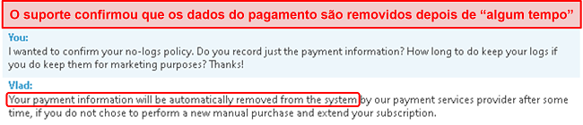 Captura de tela do bate-papo de suporte ao cliente esclarecendo que eles armazenam informações de pagamento e as removem após 