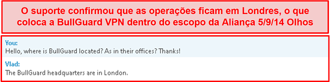 Captura de tela do bate-papo de suporte ao cliente esclarecendo suas operações básicas em Londres