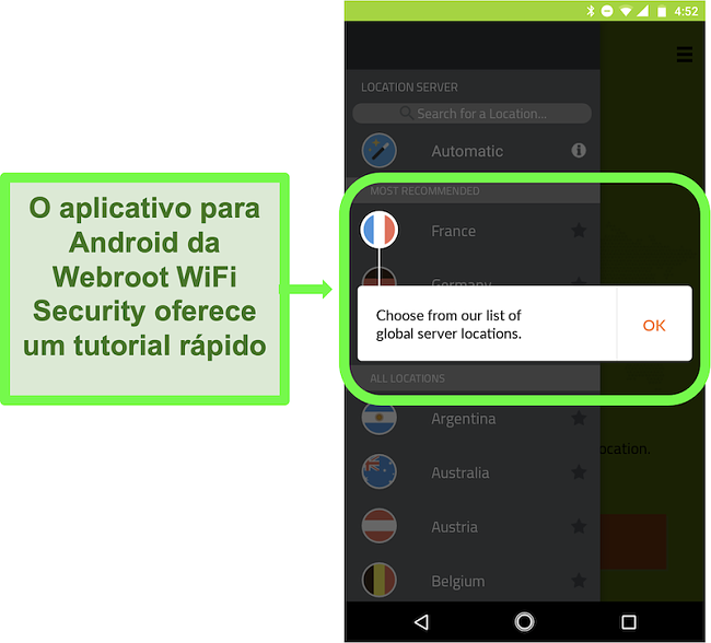 Captura de tela do aplicativo para Android da Webroot WiFi Security com um tutorial do usuário