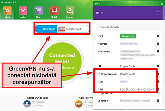 Captură de ecran a interfeței GreenVPN care arată conexiunile la server și setările IP