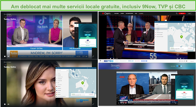 Screenshot de NordVPN și Surfshark deblocând diferite posturi TV locale, inclusiv 9Now, TVP și CBC.