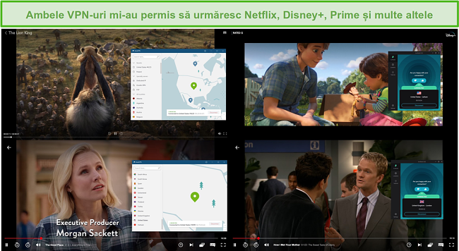 Screenshot de NordVPN și Surfshark deblocând diverse emisiuni TV și filme pe Netflix și Disney +.