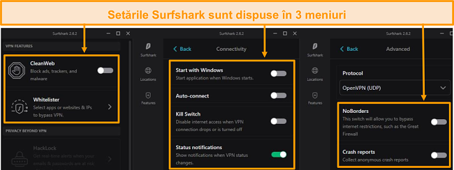 Captura de ecran a meniurilor desktop ale lui Surfshark.