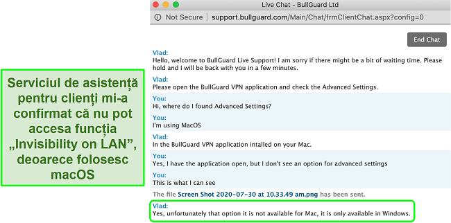 Captură de ecran a serviciului clienți BullGuard VPN care confirmă invizibilitatea pe LAN este disponibilă numai pe Windows