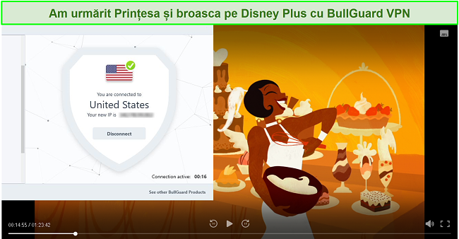 Captură de ecran a Prințesei și broaștei de pe Disney Plus cu BullGuard conectat