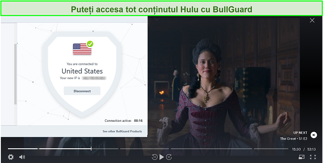 Captură de ecran a The Great on Hulu cu BullGuard conectat