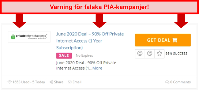 Skärmdump av ett falskt PIA-avtal som erbjuder 90% rabatt