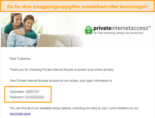 Skärmdump av PIA-registreringsbekräftelsemailen med inloggningsinformation ingår