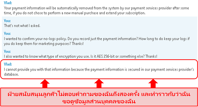 ภาพหน้าจอการสนับสนุนของ BullGuard ไม่ตอบคำถามของฉันเกี่ยวกับข้อมูลการชำระเงินจากนั้นให้คำตอบที่ผิด
