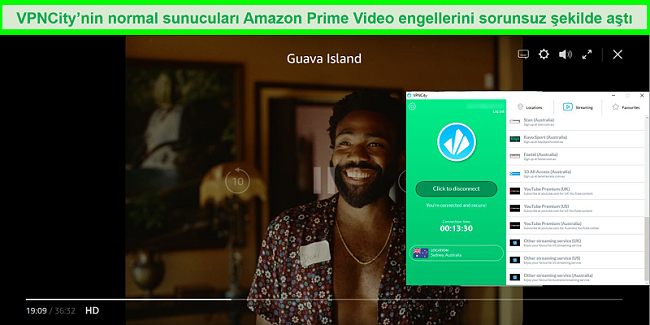 Avustralya'da bir VPNCity sunucusunda oturum açmışken Guava Adası'nı yayınlayan Amazon Prime Video'nun ekran görüntüsü