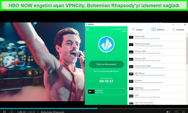 VPNCity'nin HBO Now akış sunucusuna bağlıyken Bohemian Rhapsody oynayan HBO NOW'un ekran görüntüsü