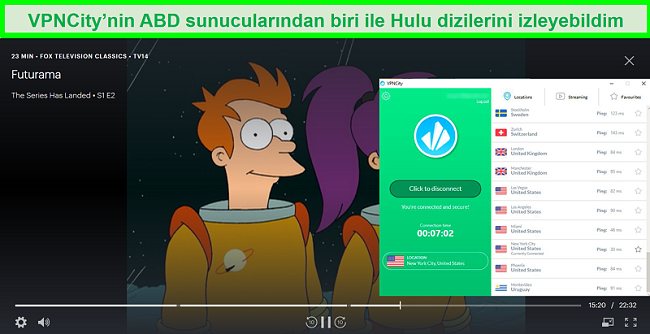 VPNCity, New York, ABD'deki bir sunucuya bağlıyken Hulu'da Futurama akışının ekran görüntüsü