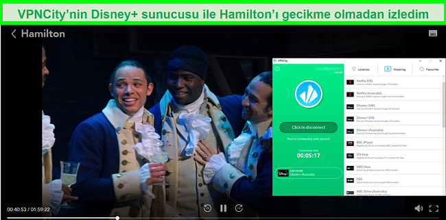 VPNCity'nin DIsney Plus Avustralya akış sunucusuna bağlıyken Disney + üzerinde oynayan Hamilton'ın ekran görüntüsü