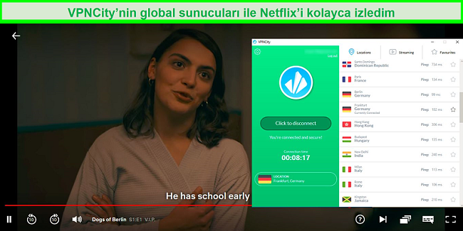 VPNCity Almanya'daki bir sunucuya bağlıyken Netflix'in Dogs of Berlin akışının ekran görüntüsü