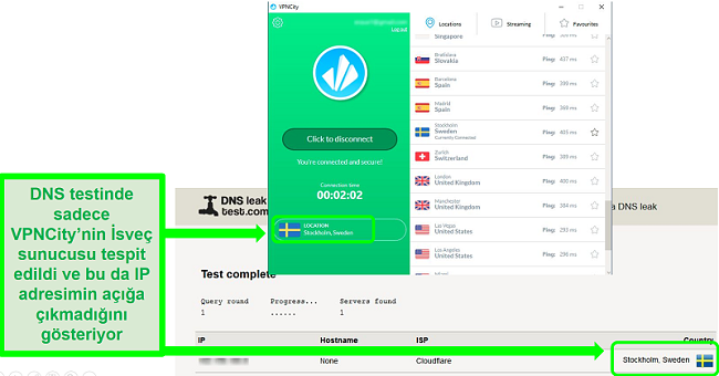 İsveç sunucusuna bağlı ve DNS sızıntı testini geçen VPNCity'nin ekran görüntüsü