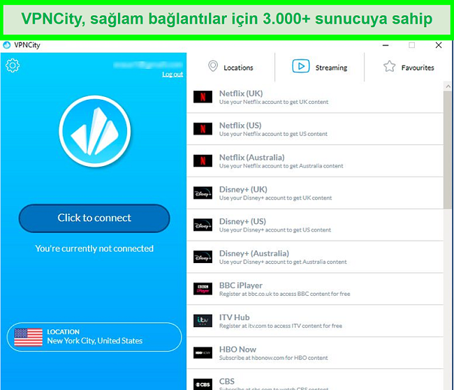 VPNCity'nin akış sunucularının listesini gösteren kullanıcı arayüzünün ekran görüntüsü