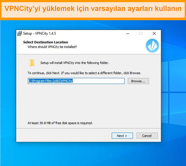 VPNCity'nin kurulum ekranlarından ekran görüntüsü