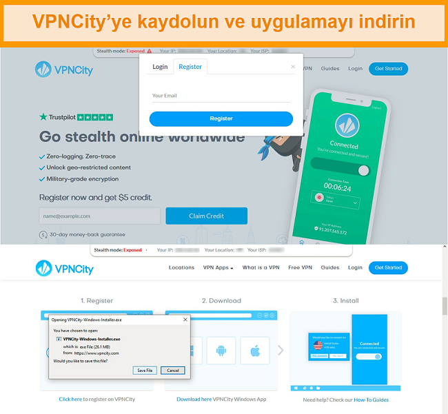 Kayıt ve indirme ekranlarını gösteren VPNCity.com ekran görüntüsü