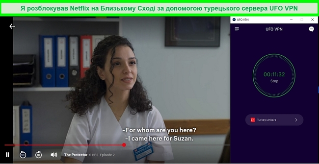 Netflix грає турецьке телешоу, поки UFO VPN підключений до свого сервера в Туреччині