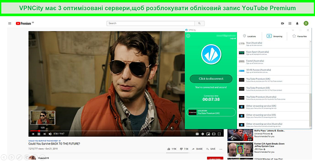 Zrzut ekranu przedstawiający YouTube Premium odtwarzany w HD po podłączeniu do brytyjskiego serwera strumieniowego YouTube Premium firmy VPNCity