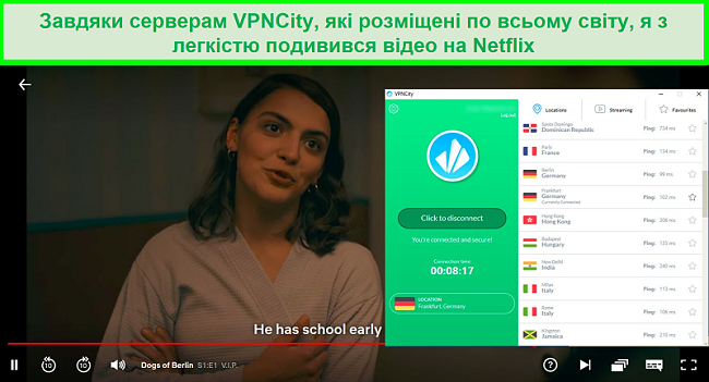 Zrzut ekranu przedstawiający streaming Dogs of Berlin z serwisu Netflix, gdy VPNCity jest połączony z serwerem w Niemczech