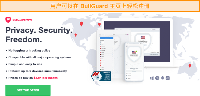 BullGuard主页的屏幕截图，它暗示了设置的简便性