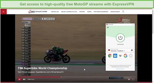 Screenshot do ExpressVPN ligado a um servidor alemão e desbloqueando um stream de MotoGP no ServusTV.