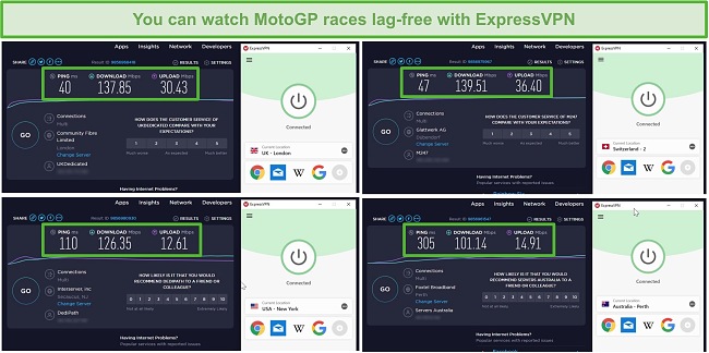 Screenshots dos resultados dos testes de velocidade ExpressVPN enquanto ligado a servidores no Reino Unido, Suíça, EUA e Austrália.