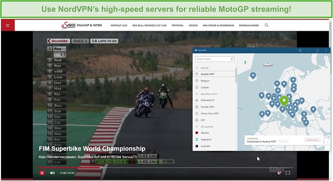 Screenshot de NordVPN ligado a um servidor austríaco e desbloqueando um stream de MotoGP no ServusTV.