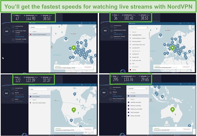 Screenshots dos resultados dos testes de velocidade de NordVPN enquanto conectado a servidores no Reino Unido, Suíça, EUA e Austrália.