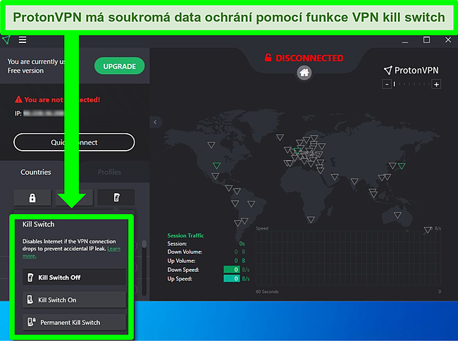 Snímek obrazovky přepínače zabíjení Proton VPN.