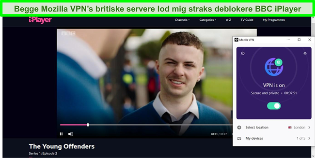 Skærmbillede af BBC iPlayer, der spiller The Young Offenders, mens Mozilla VPN er forbundet til en server i London, Storbritannien