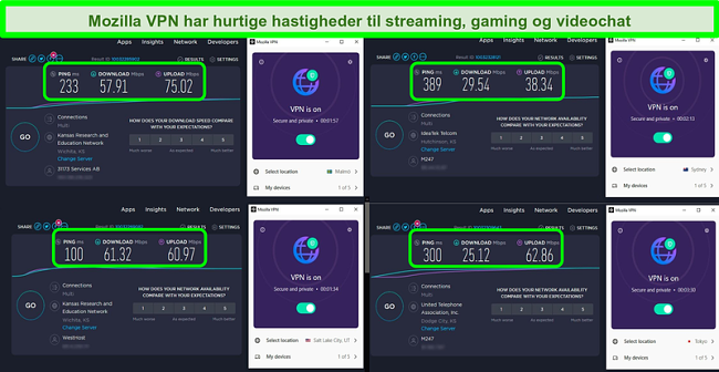 Skærmbillede af 4 hastighedstest med Mozilla VPN tilsluttet servere over hele verden