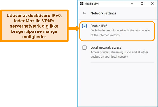 Skærmbillede af Mozilla VPNs netværksindstillingsskærm