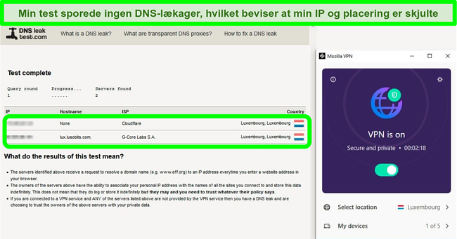 Skærmbillede af en DNS-lækagetest, mens Mozilla VPN er forbundet til en luxembourgsk server