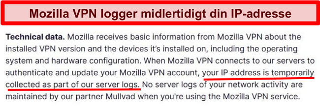 Skærmbillede af Mozilla VPNs privatlivspolitik, der viser din IP-adresse, indsamles midlertidigt