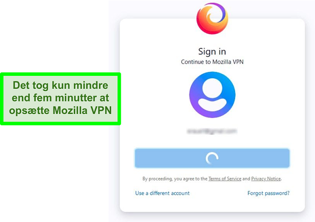 Skærmbillede af Mozilla VPNs loginskærm