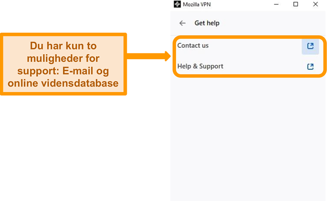 Skærmbillede af Mozilla VPNs sektion Få hjælp i indstillingsmenuen