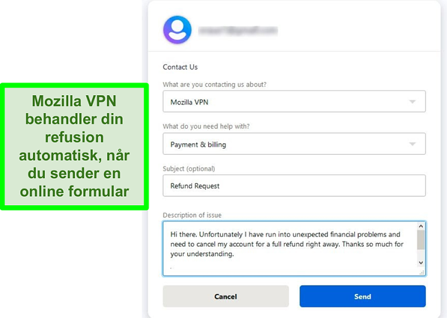 Skærmbillede af Mozilla VPNs kontaktformular, der anmoder om en annullering og refusion