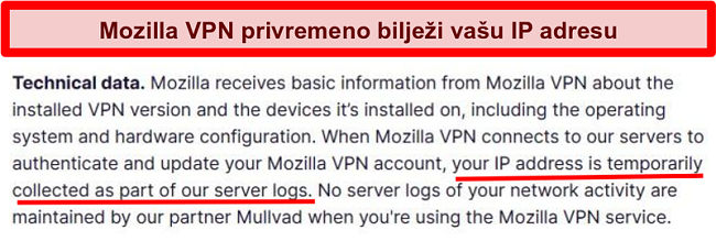 Snimka zaslona Mozilla VPN-ovih pravila o privatnosti koja prikazuje vašu IP adresu privremeno se prikuplja