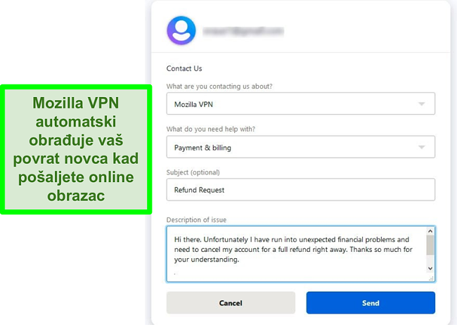 Snimka zaslona kontaktnog obrasca Mozille VPN koji zahtijeva otkazivanje i povrat novca